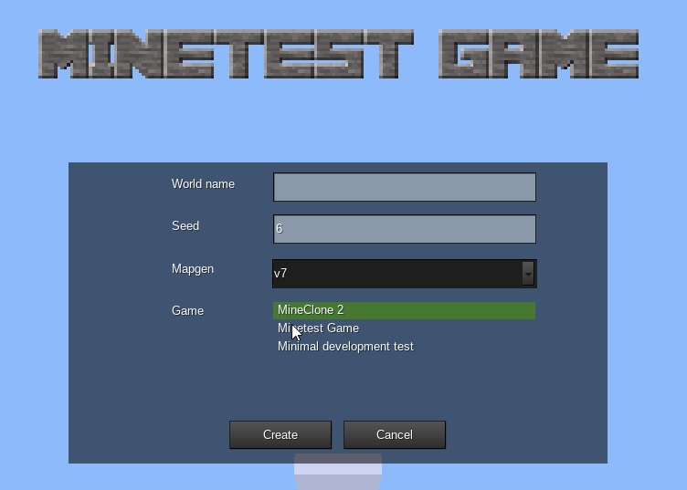 Minetest new world
screen