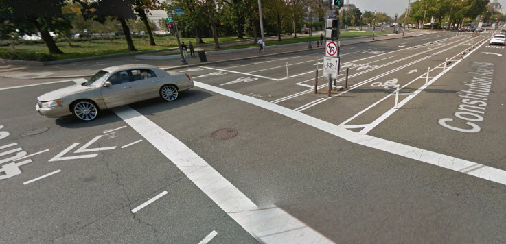 Google Streetview Image of Pennsylvania Ave bike lanes with bike box